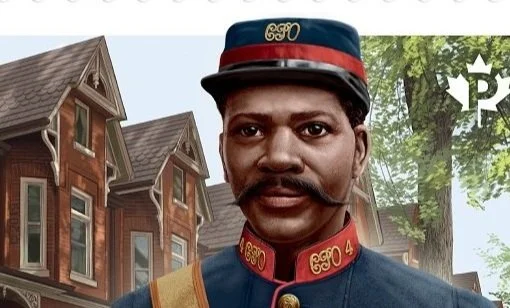 Illustrated close portrait of Albert Jackson in his blue and red letter carrier cap