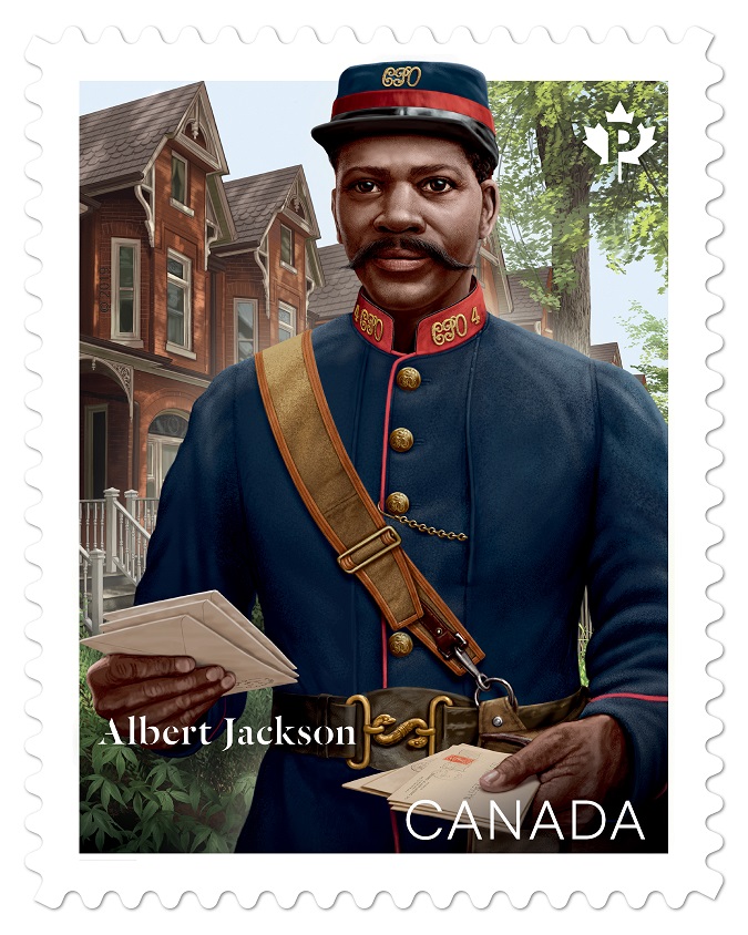 Full colour stamp illustration of Albert Jackson delivering mail in his uniform
